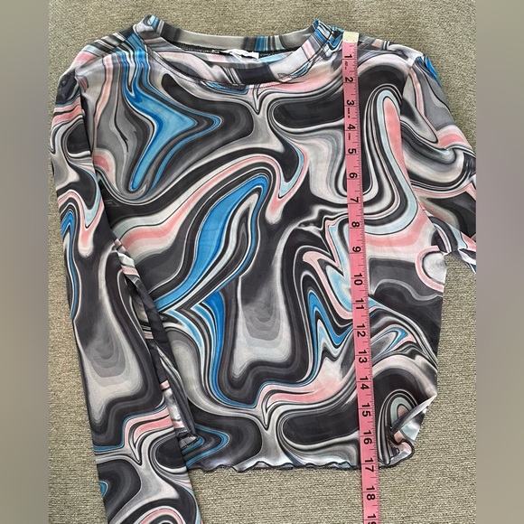 ACOA Long Sleeve Semi-Sheer Swirl Crop Top Shirt Blue Gray Size Large - Picture 7 of 8